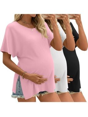 Women’s Maternity Short Sleeve Scoop Neck Top - Pink & Black